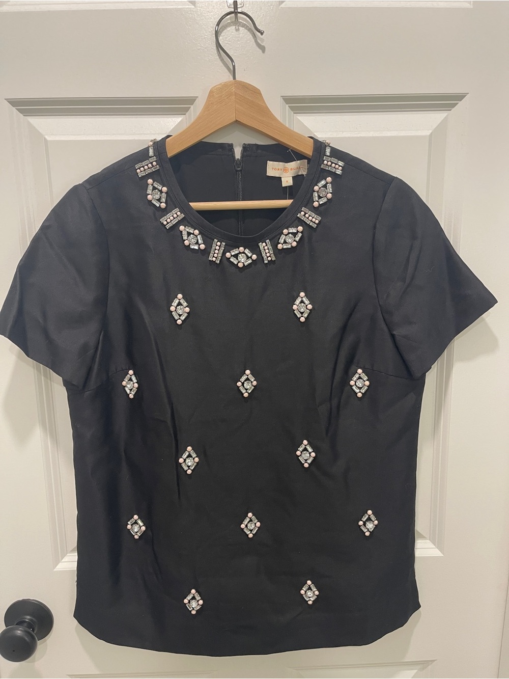 NWT Tory Burch Black Jeweled Short-Sleeve Blouse